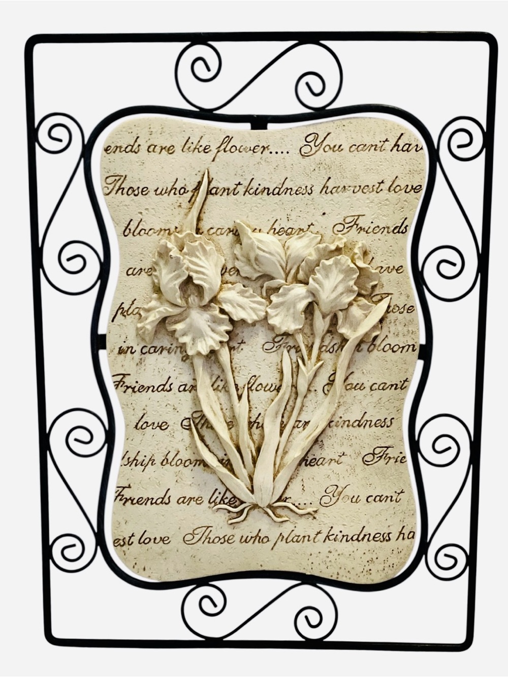 Cheri Blum Iris Wall Plaque Sculpted Resin Floral Art Scroll Metal Frame